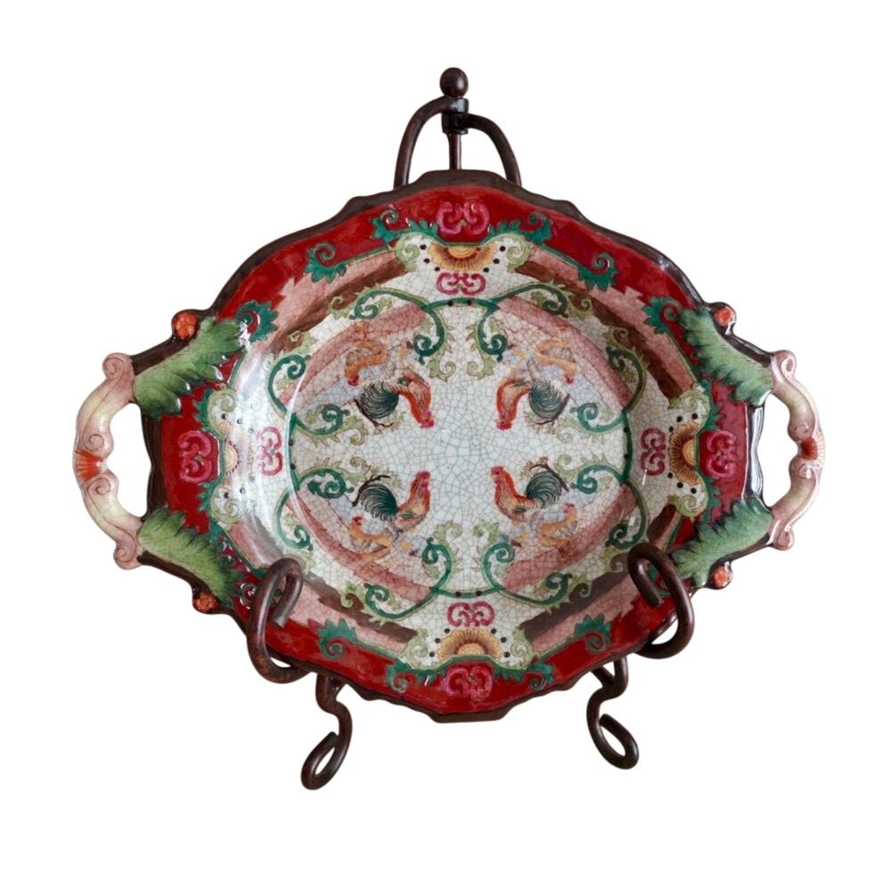 Vintage Chinoiserie Porcelain Rooster Tray 13” or Plate Wall Decor + Plate Stand